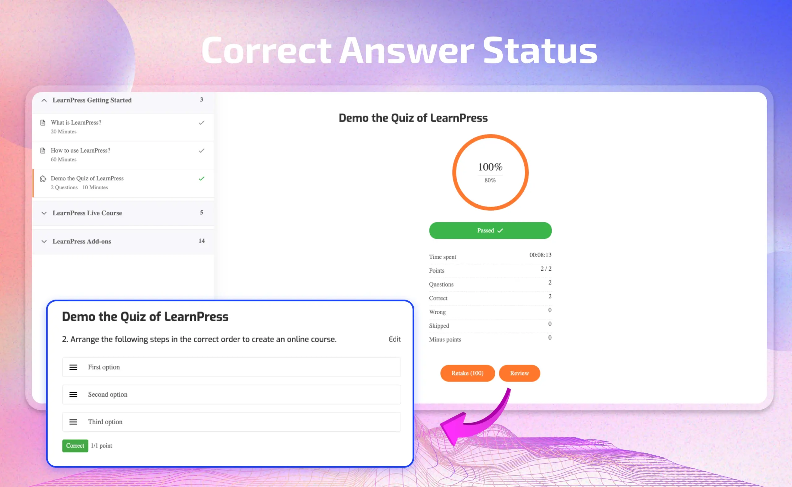 Sorting Choice Add-on for LearnPress 6 correct answer status scaled