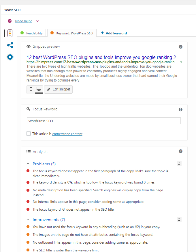 Yoast SEO context analytics - giving problems, improvements and preview snippet