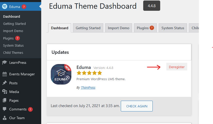 Eduma Deregister ThimPress License