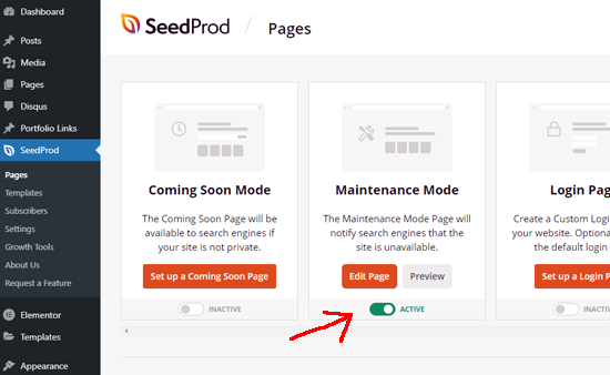 enable maintenance mode in seedprod