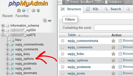 phpmyadmin open database and table