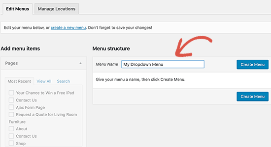 menu name wordpress dropdown menu