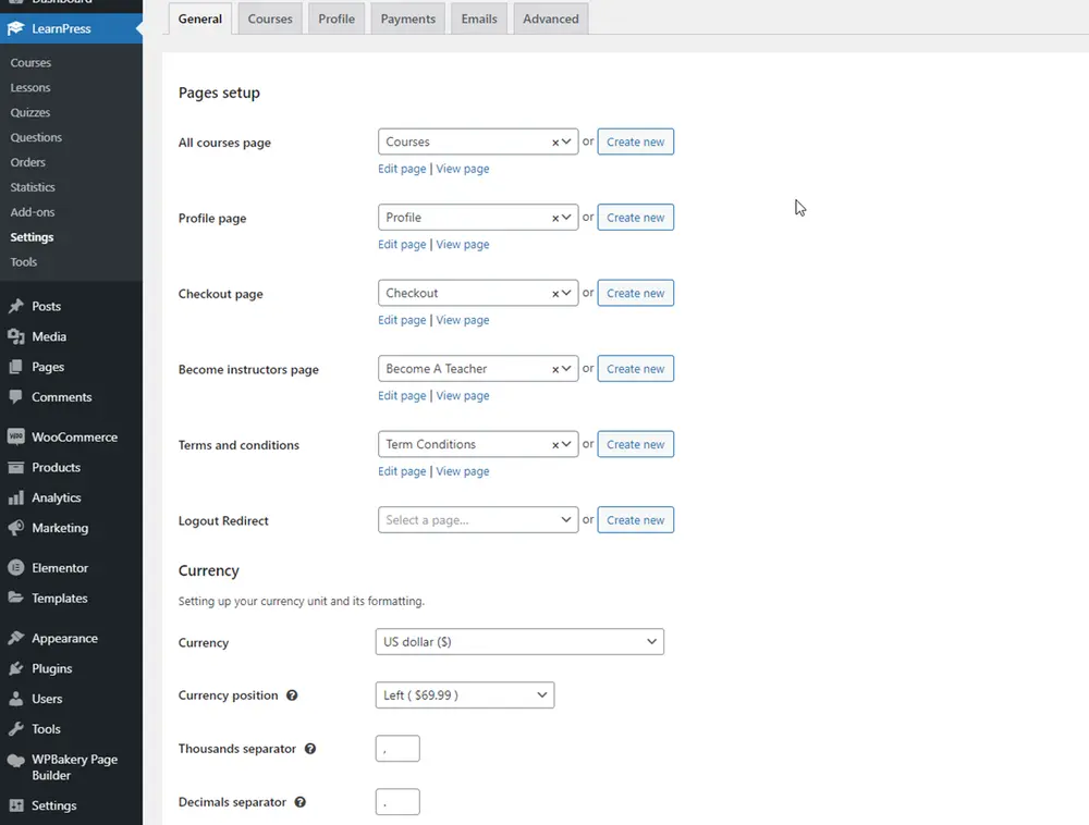 Configure LearnPress Theme General Settings