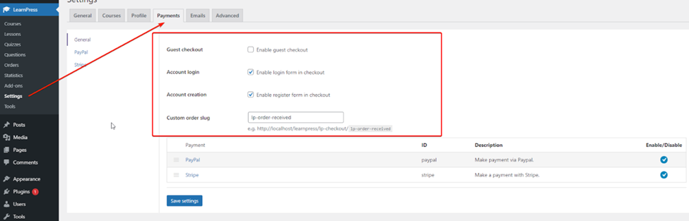 configure learnpress theme payments tab