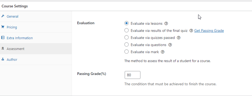 learnpress course setting assessment tab