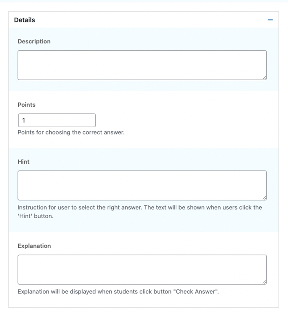 create a quiz and question details