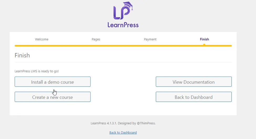 Install LearnPress Plugin Finish Page
