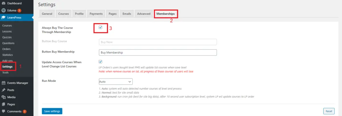 LearnPress Settings Memberships
