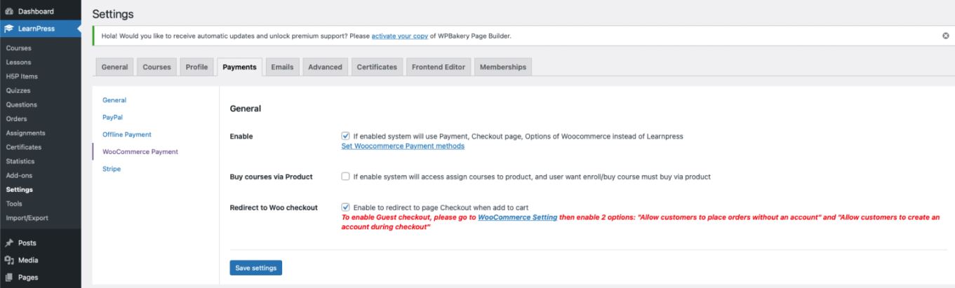 learnpress payment settings