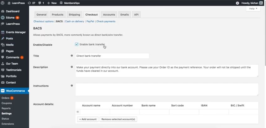 learnpress woocommerce bacs