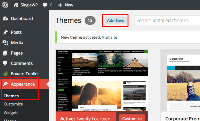 step 5 add new theme to build a wordpress website 