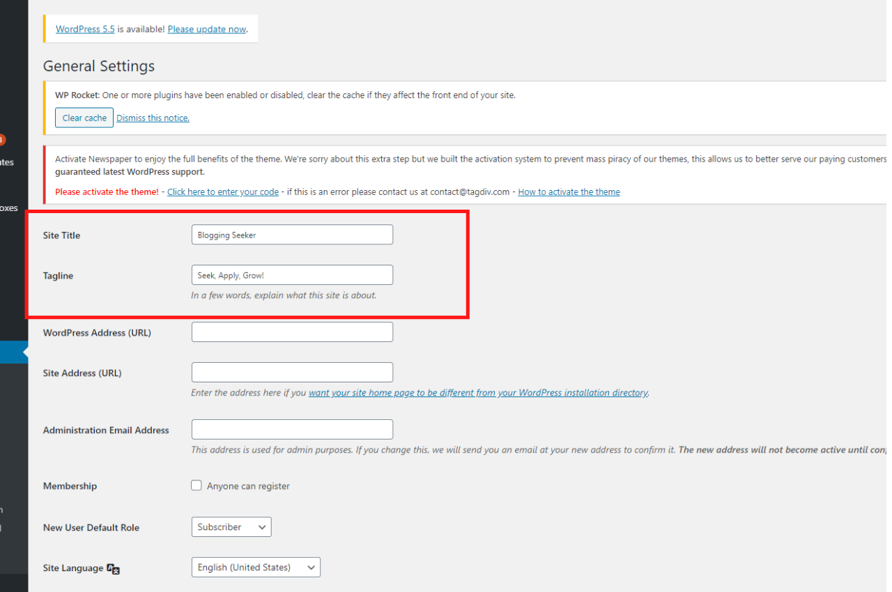 step 4 change site title to build a wordpress website