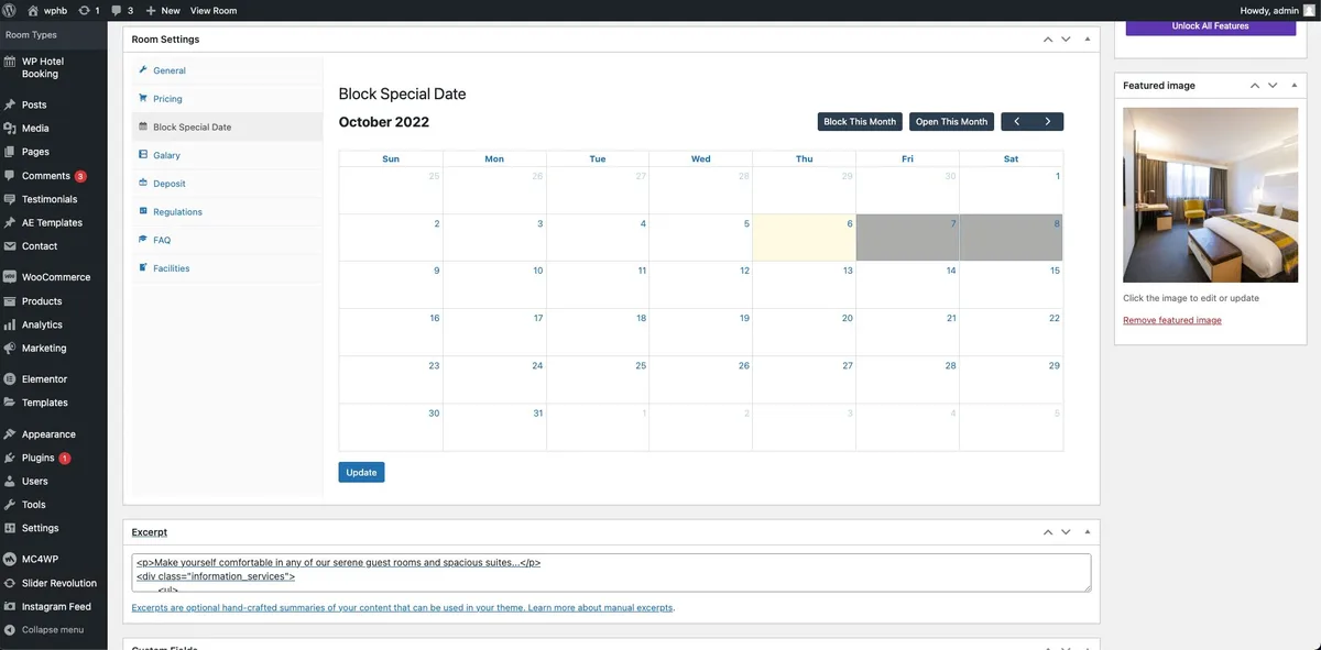 WP Hotel Booking Update:: Disable Dates for Each Room