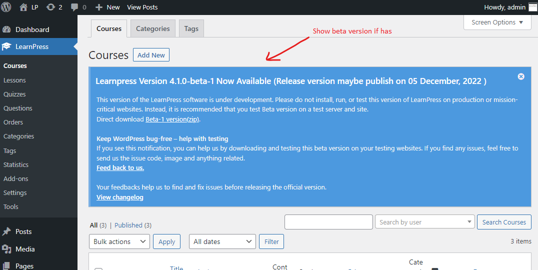 notice if LearnPress has a beta version
