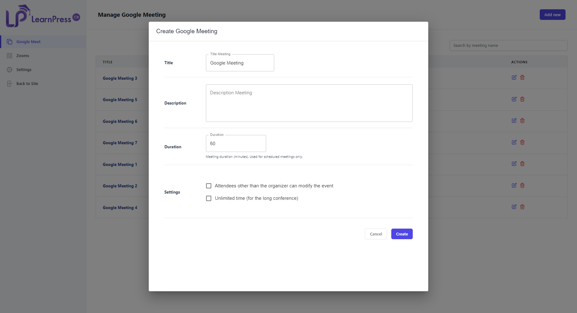 LearnPress Create Google Meet
