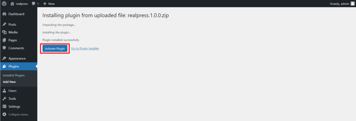 activate realpress plugin