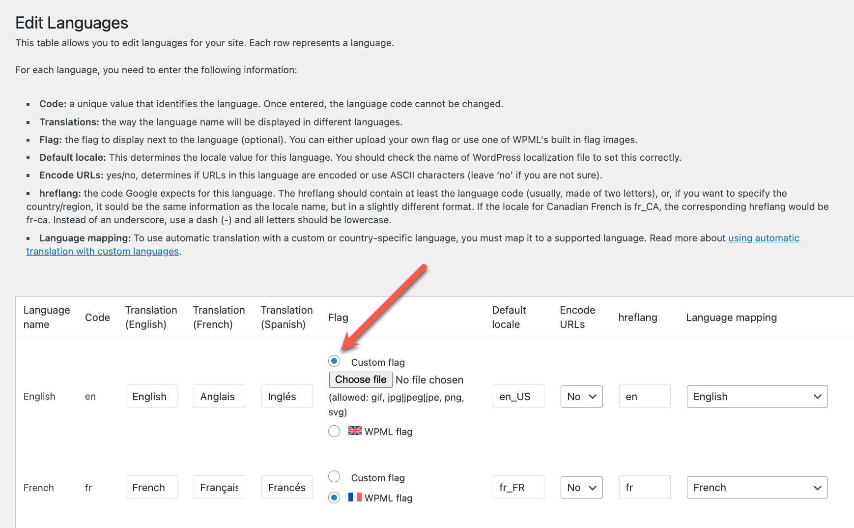 wpml languages edit languages custom flag