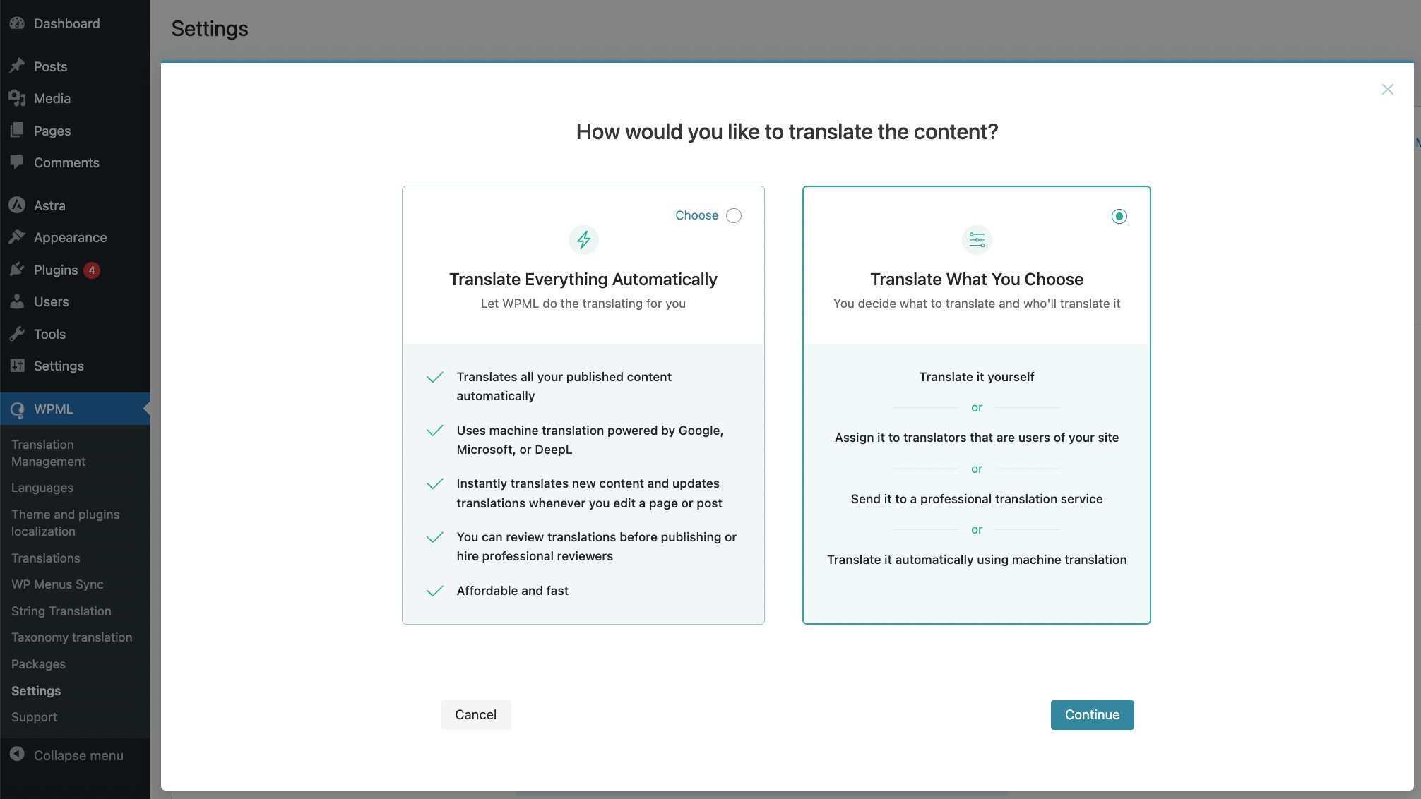 Choosing a translation mode on the WPML Settings page