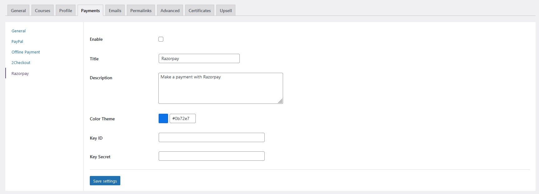 razorpay settings