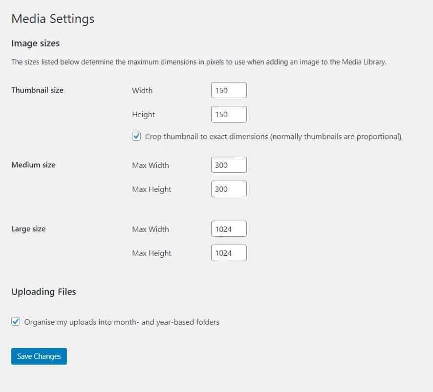 WordPress Default Image Sizes