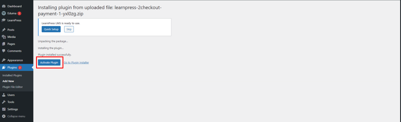 Activate LearnPress 2Checkout Plugin