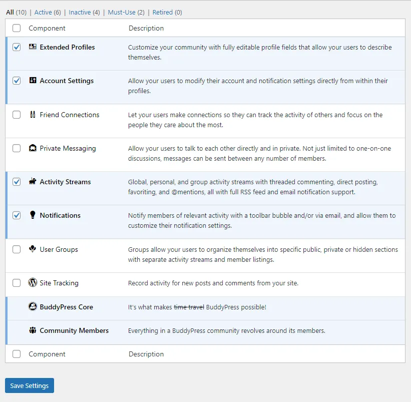 BuddyPress Settings