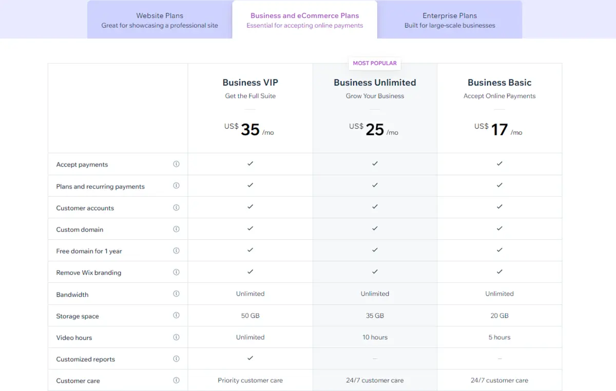 Wix Business and eCommerce Plans