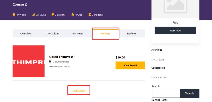 Course Tab Packages Per Page