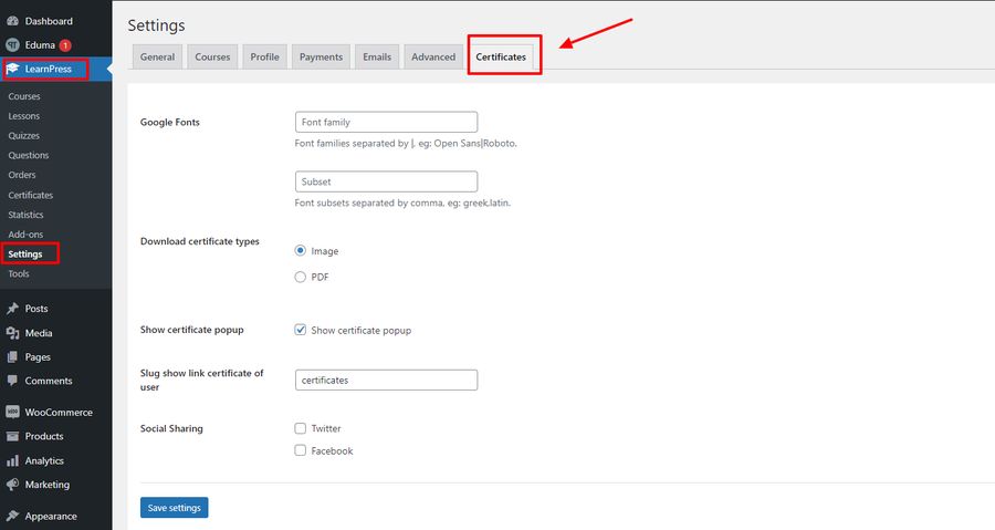 LearnPress Certificates Integration Settings