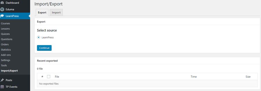 LearnPress Export Tab
