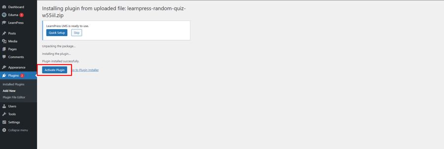 Activate Random Quiz LearnPress Add-on