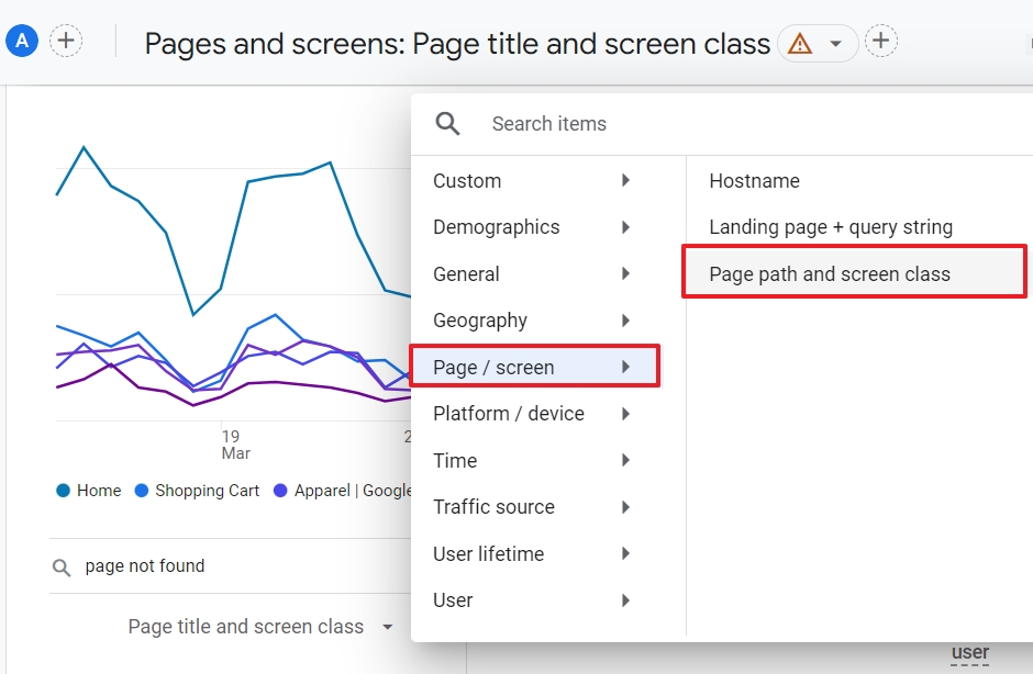 Page path and screen class Dimension GA4