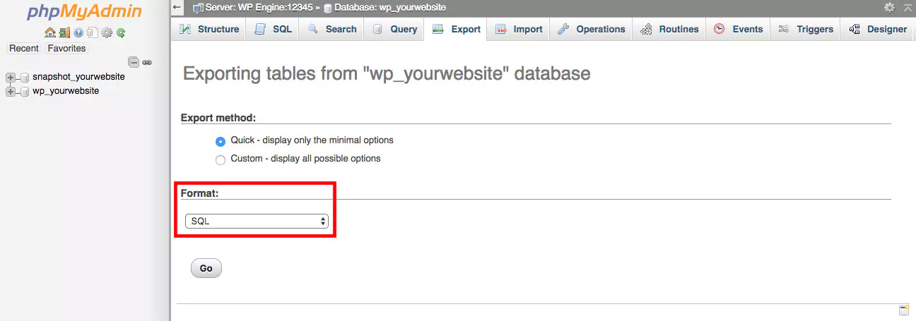 phpAdmin Export Database