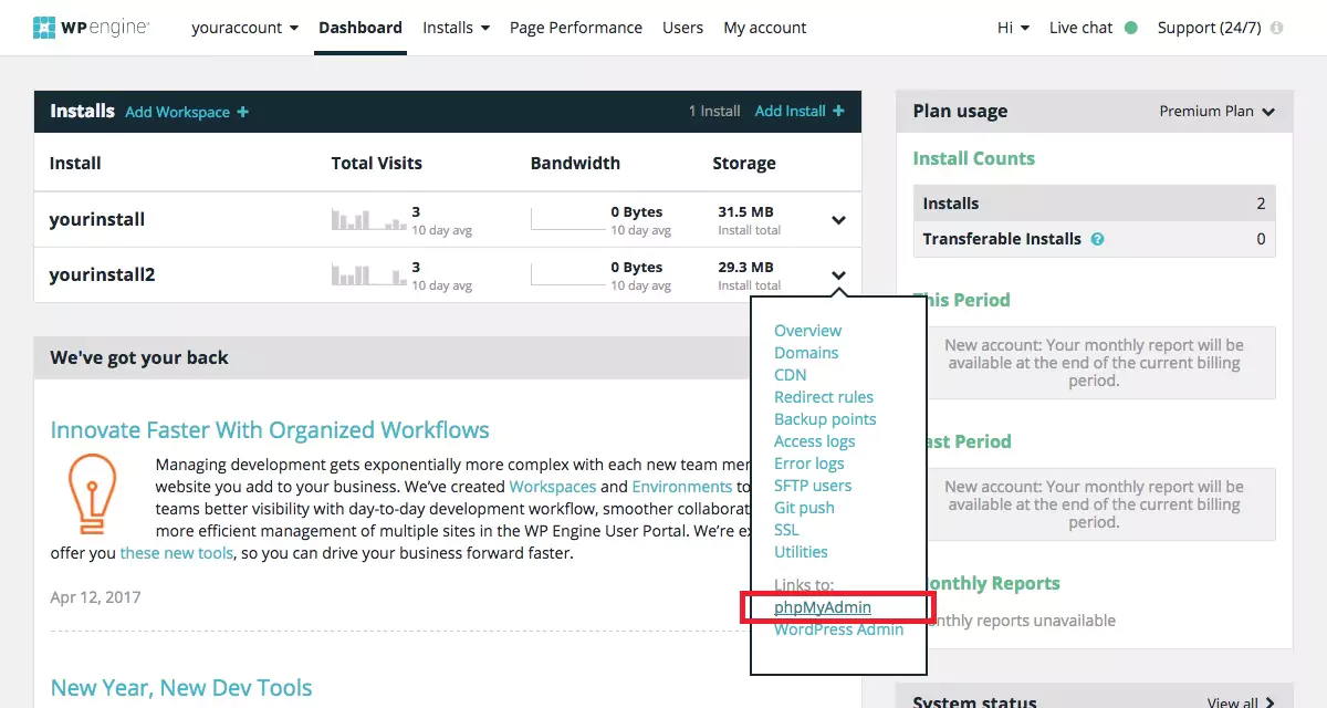 WPEngine access phpMyAdmin