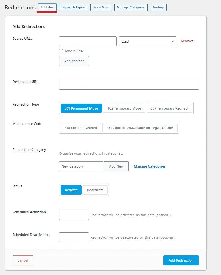 Rank Math Add New Redirect