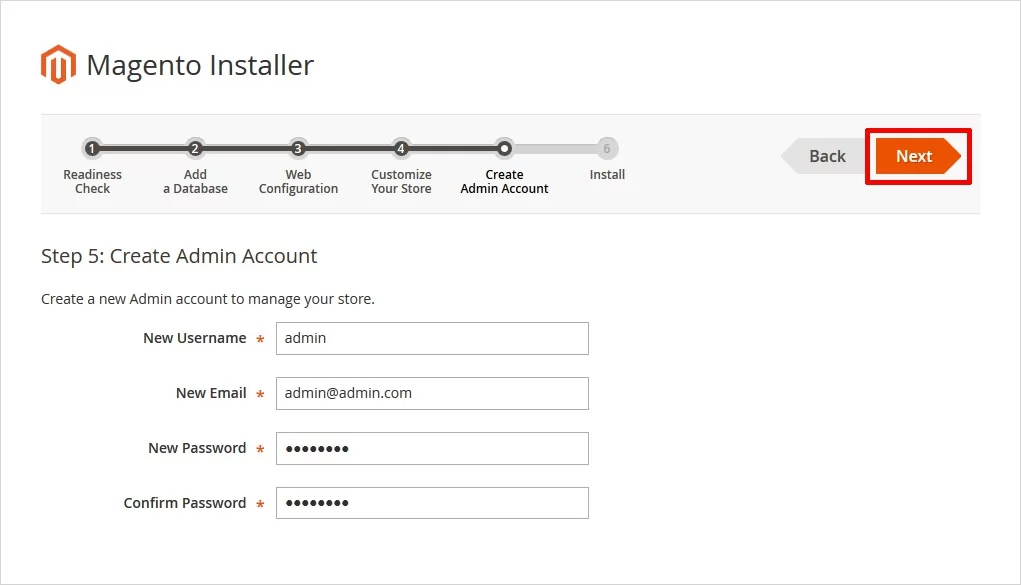 Create Admin Account Magento Installation