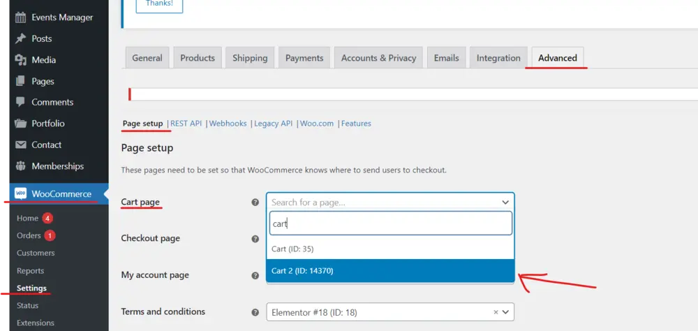 Choose WooCommerce Cart Page