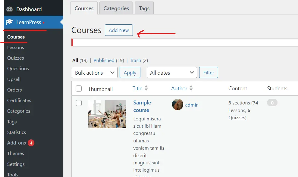 LearnPress Add New Course Button