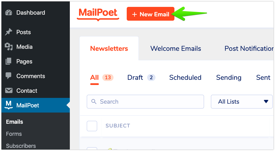 add new email using mailpoet plugin
