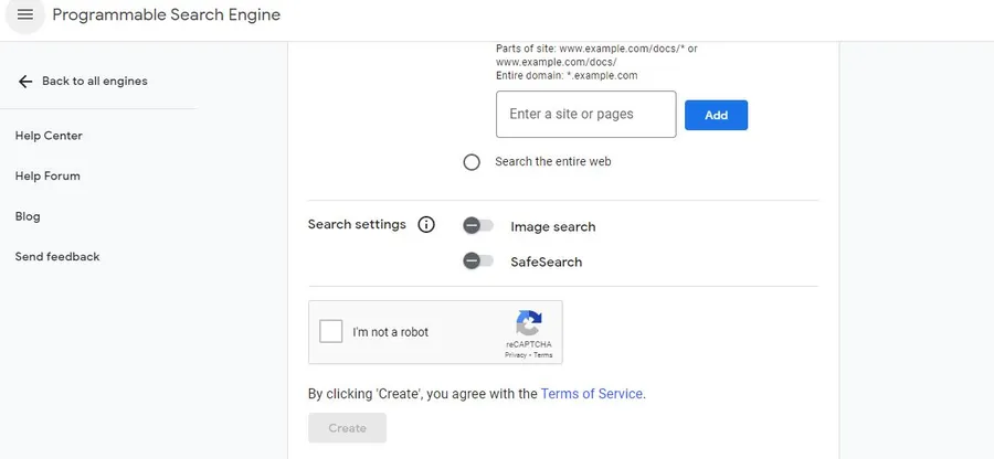 Google Programmable Search Engine Settings