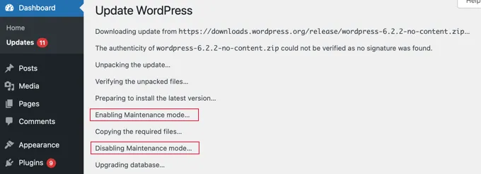 Update WordPress Enable Maintenance Mode
