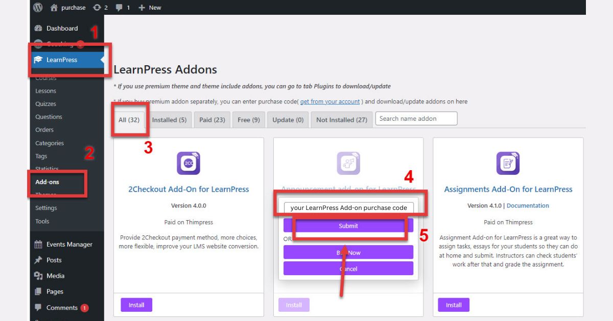 Activate the LearnPress Add-on on your WordPress