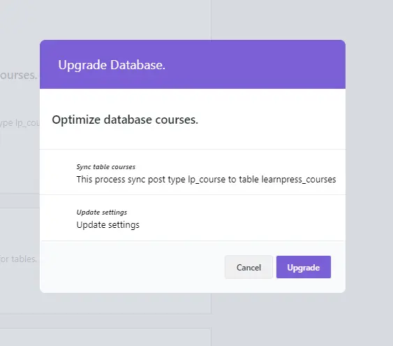 Upgrade Database Popup