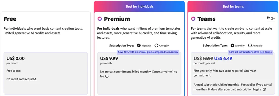 Adobe Express Pricing Plans