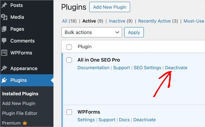 WordPress Dashboard Plugins Installed Plugins Deactivate