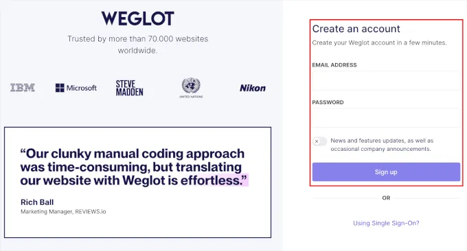 Weglot Dashboard Signup