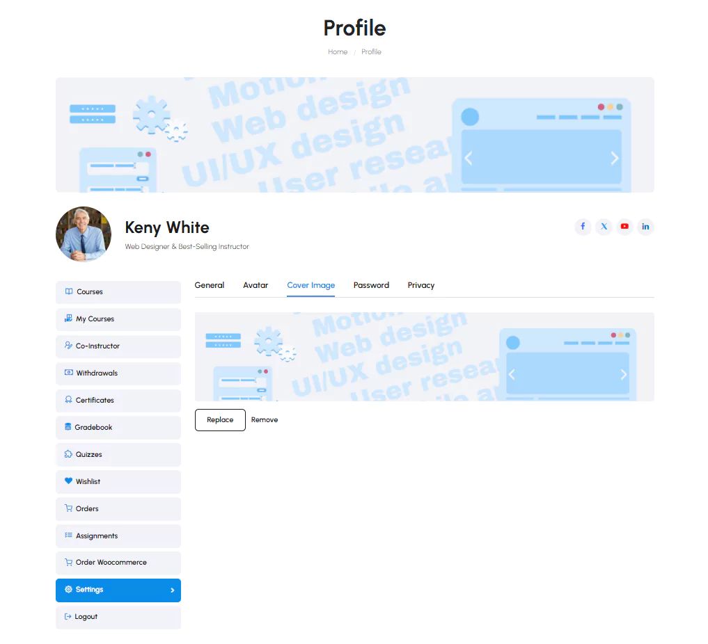 Settings Tab with Profile Cover Customization