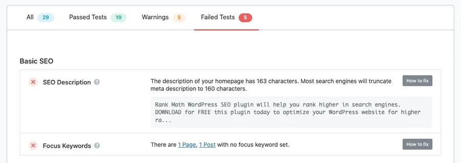 Failed Test In SEO Analyzer