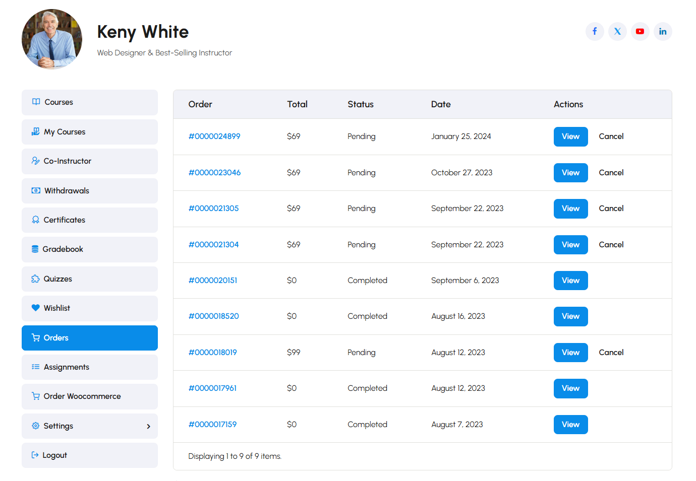 Orders Layout on Eduma Online Learning