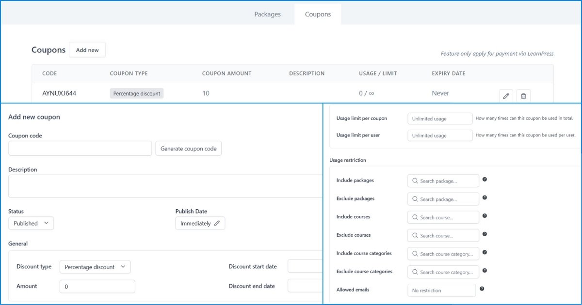 Set up Coupon with Upsell Add-on for LearnPress